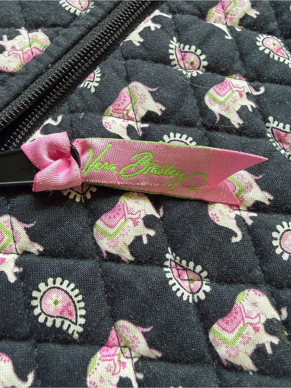 Vera Bradley Black Bag with Pink and Green Paisley Elephant Print Laptop Bag